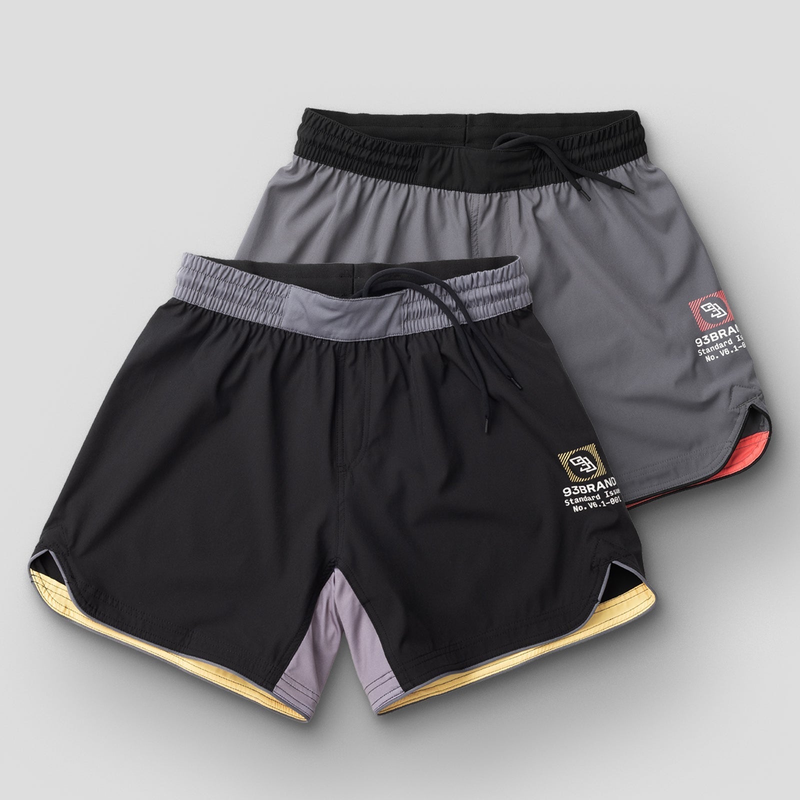 93brand Standard Issue Grappling Shorts 2PACK - Black/Yellow & Grey/Re