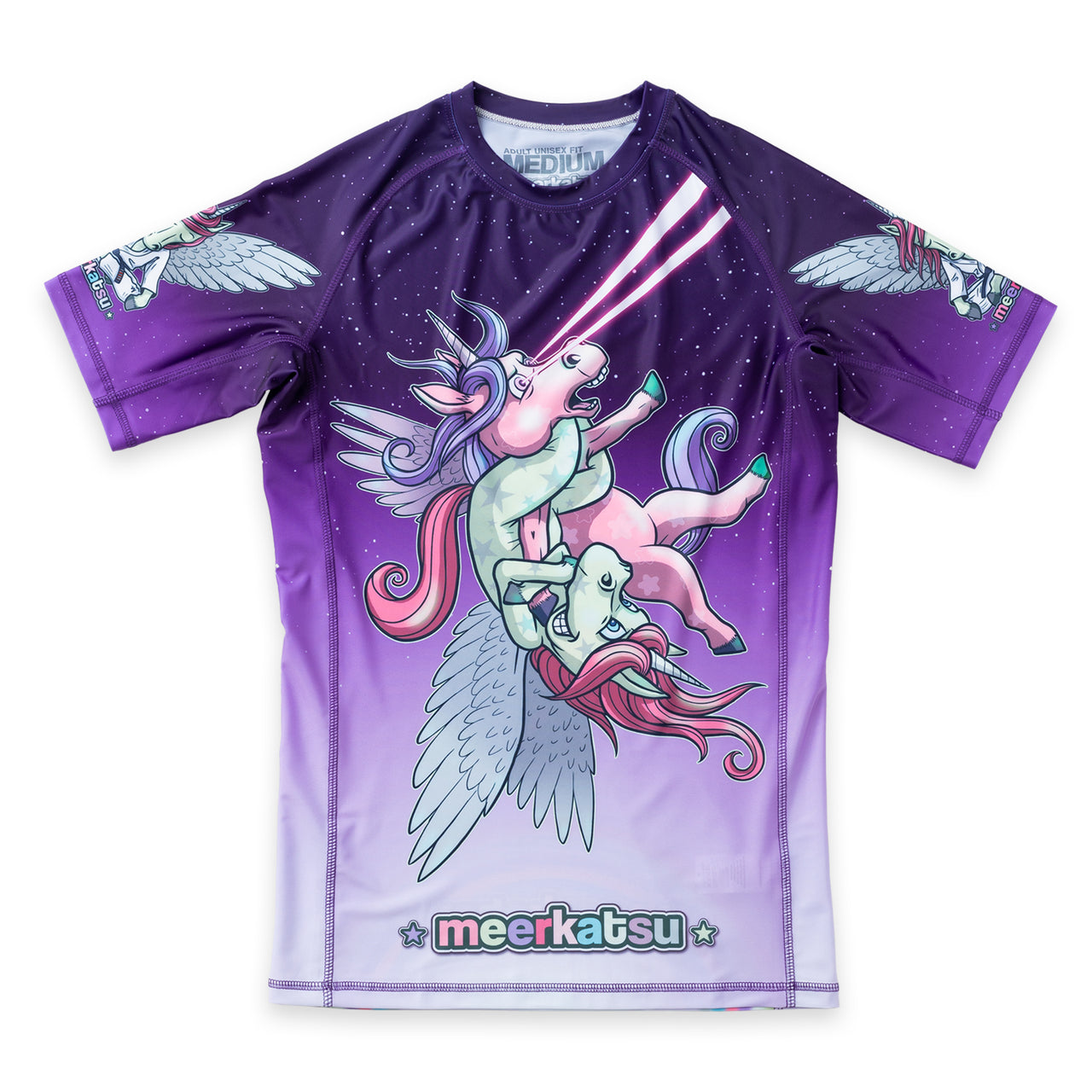 Meerkatsu "Laser Beam Flying Jitsunicorn" Short Sleeve Rash Guard