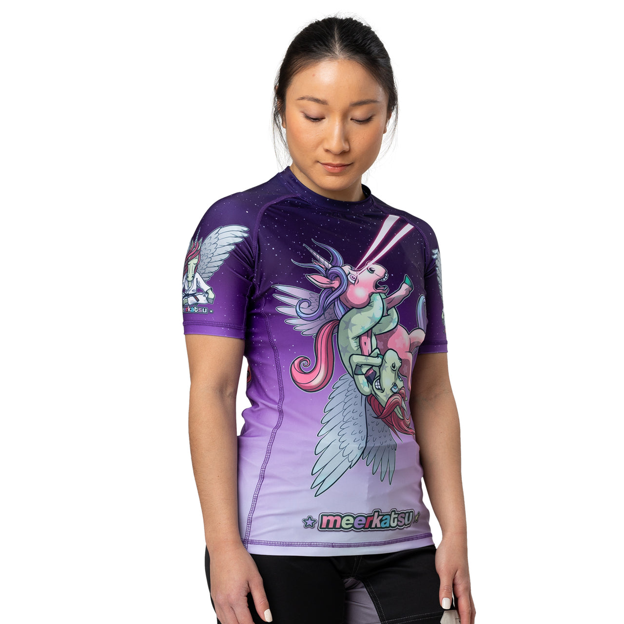 Meerkatsu "Laser Beam Flying Jitsunicorn" Women's Short Sleeve Rash Guard