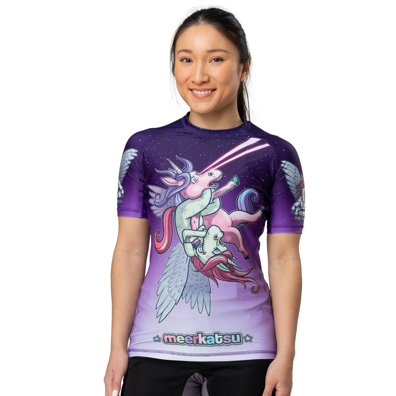 Meerkatsu "Laser Beam Flying Jitsunicorn" Women's Short Sleeve Rash Guard