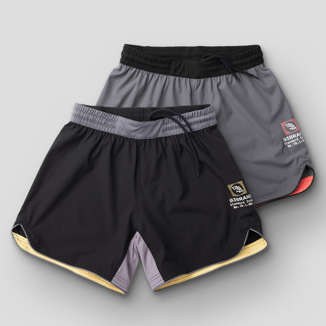 93brand Standard Issue Grappling Shorts 2PACK (Regular Length) - Black/Yellow & Grey/Red