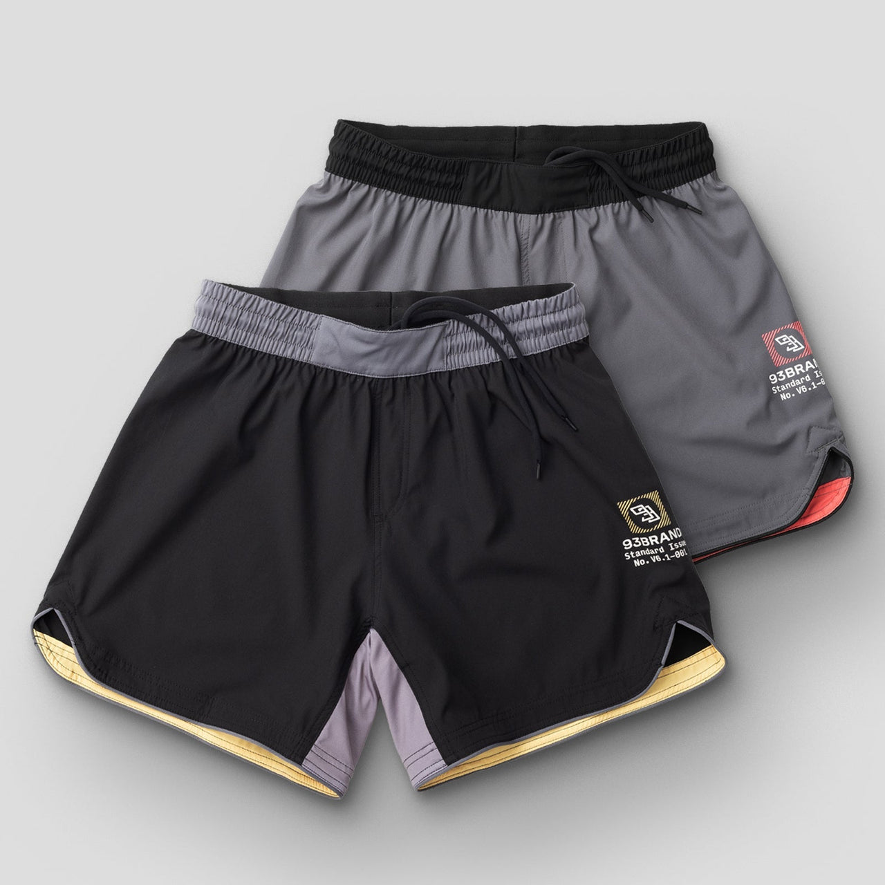 93brand Standard Issue Grappling Shorts 2PACK - Black/Yellow & Grey/Red (5" and 6" inseam)