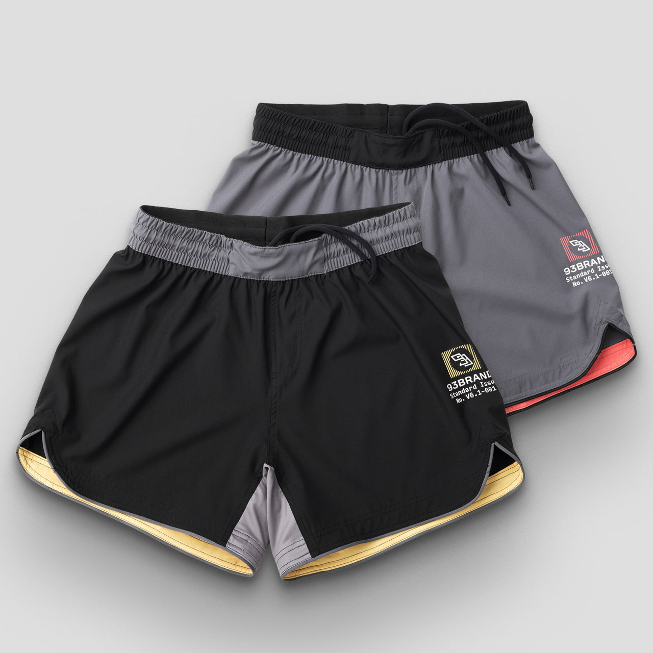 93brand Standard Issue Grappling Shorts 2PACK (Shorter Length) - Black/Yellow & Grey/Red